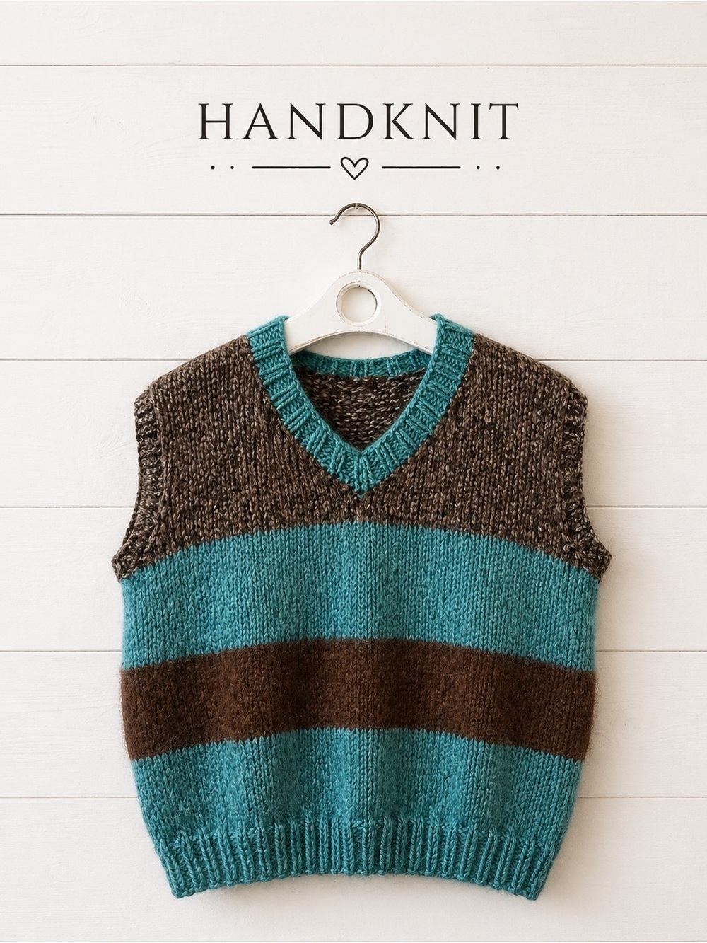 HANDMADE Striped Knit Vest – Green & Brown – Size S (Estimated)